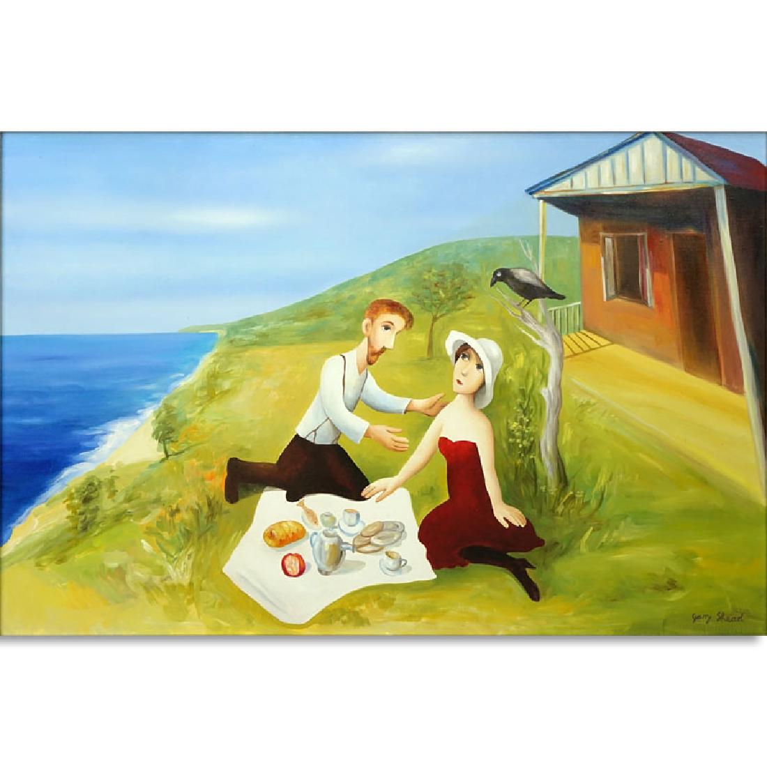 After: Garry Shead, Australian (b. 1942) Oil on canvas: After: Garry Shead, Australian (b. 1942) Oil on canvas "Picnic By The Sea". Signed lower right. Good condition. Measures 30" x 45-1/2", frame measures 39" x 54-3/4". Shipping: Third party. (estimate $