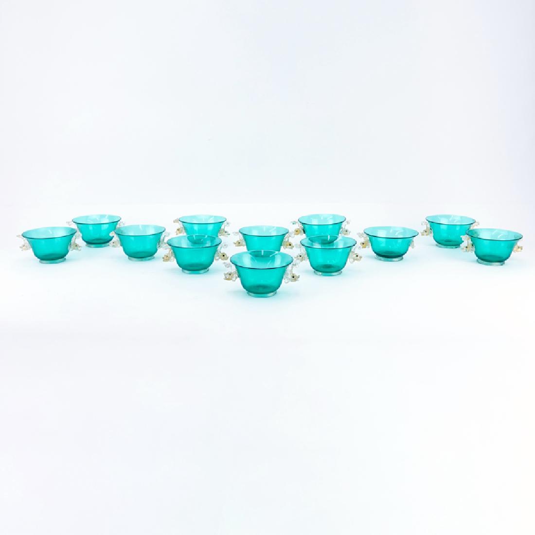 Twelve (12) Hand Blown Venetian Murano Art Glass Footed: Twelve (12) Hand Blown Venetian Murano Art Glass Footed Bowls with Gold Fleck Dolphin Handles. One has a loss to handle, a few with chips and nicks to handles otherwise good condition. Measures 2-1/2"