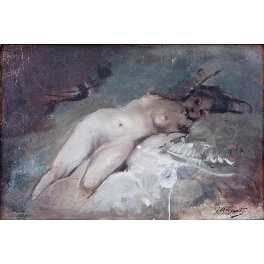 Signed Manet, 20th Century Oil on Canvas, Reclining: 20th Century Oil on Canvas, Reclining Nude. Signed Manet lower right. Scuffs and minor paint loss. Measures 14-1/2" H, 21-3/4" W; frame measures 21-1/2" H, 28-3/4" W. Shipping $245.00 (estimate $1000-