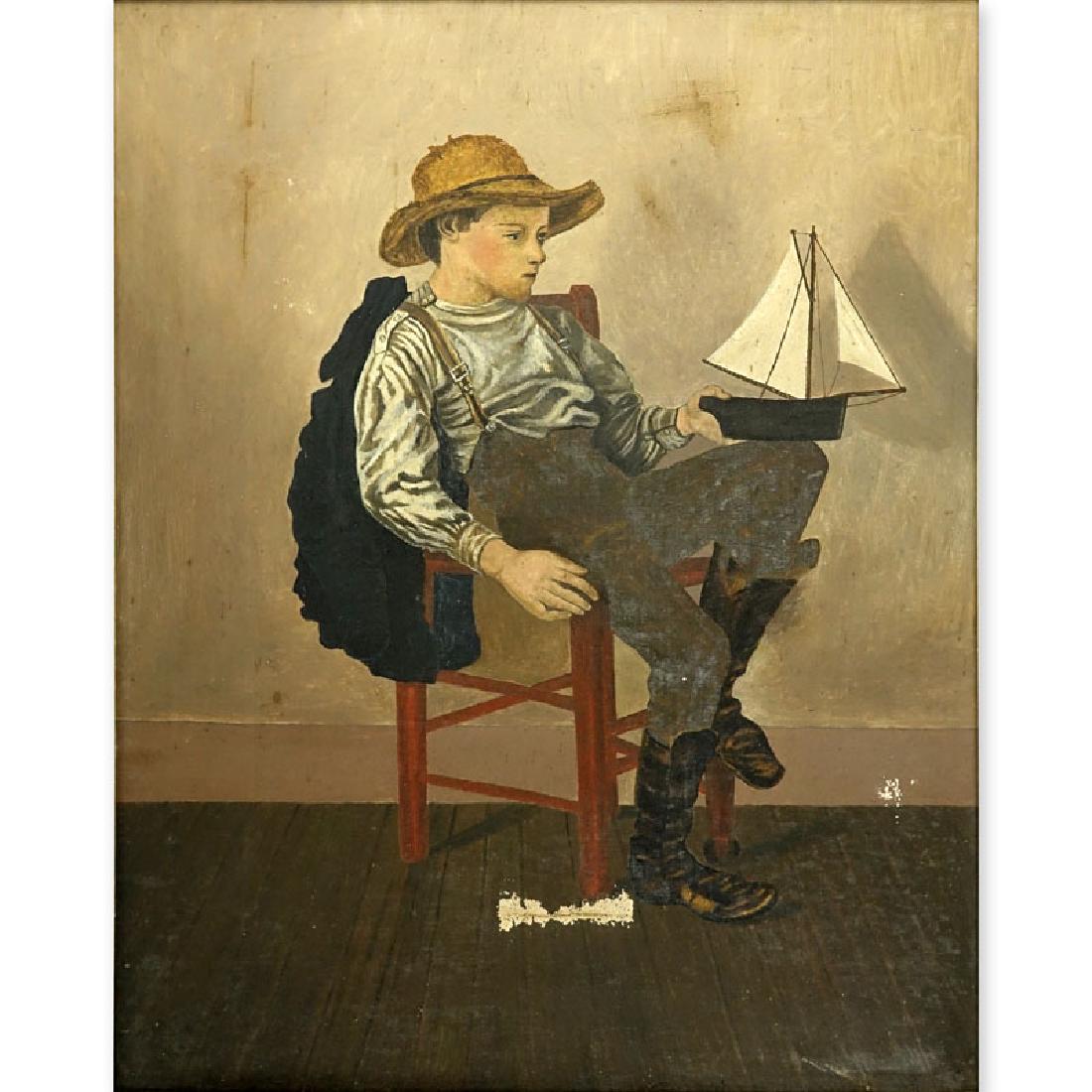 American School, 19/20th Century Oil on Canvas in the: American School, 19/20th Century Oil on Canvas in the Manner of J.G. Brown. Depicts a portrait of a seated male holding a sailboat. F. W. Devoe & Co., New York label stamped on obverse side of the can