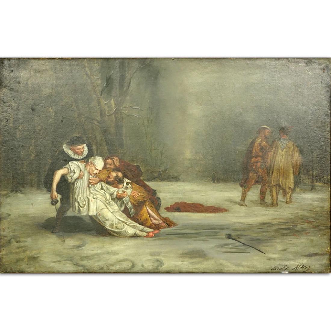 After: Jean-Léon Gérôme, French (1824-1904): After: Jean-Léon Gérôme, French (1824-1904) Oil on canvas "The Duel After The Masquerade" Signed and inscribed. Signature is illegible. Would benefit from a cleaning or in good condition. Measures