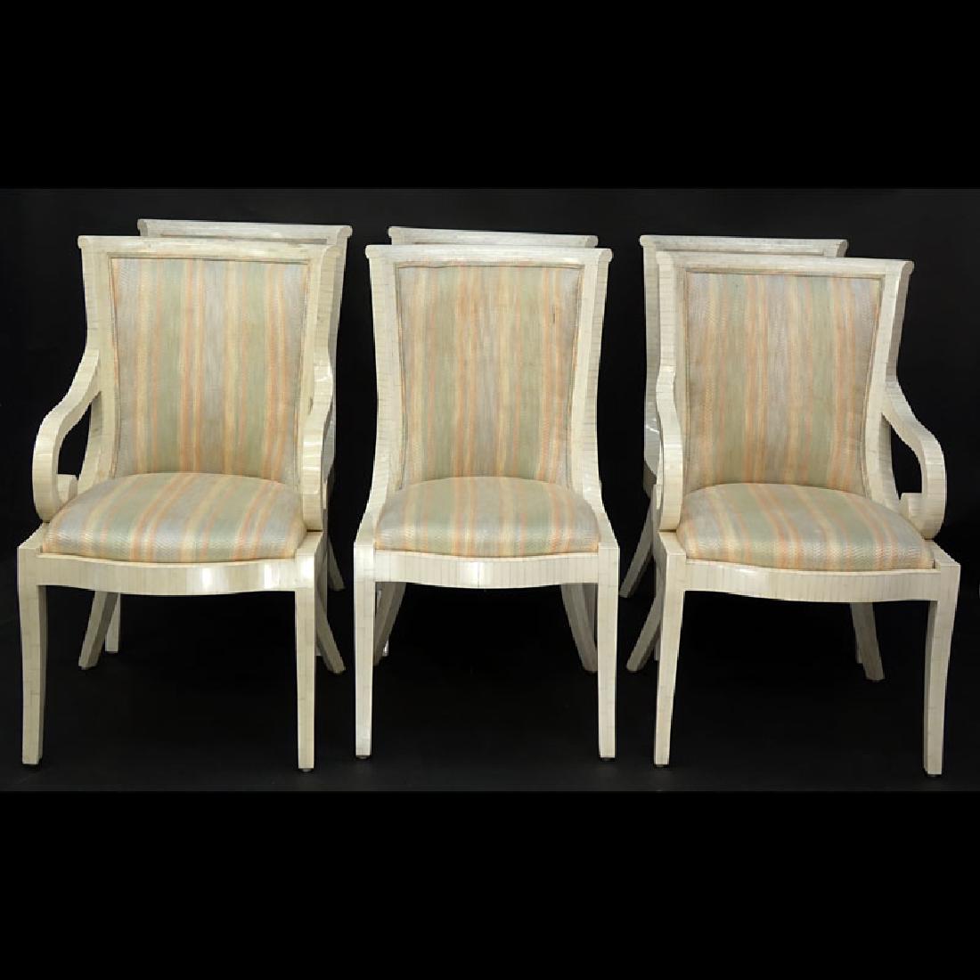 Set of Six (6) Mid Century Modern Tassellated Bone and: Set of Six (6) Mid Century Modern Tassellated Bone and Upholstered Dining Chairs Attributed to Karl Springer. Features two arm chairs and four side chairs. Upholstery in good condition, typical scuffs