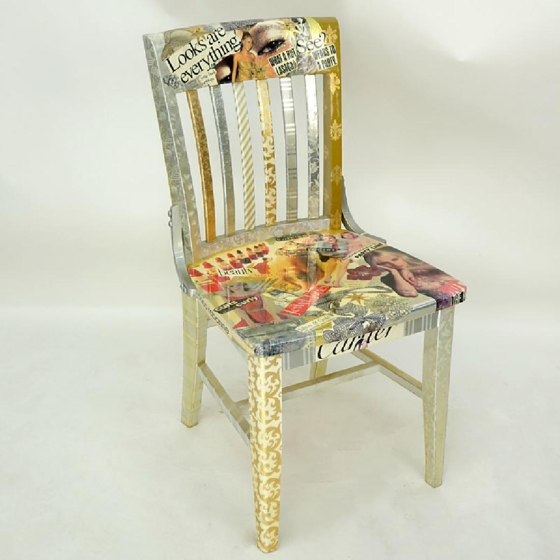 Missy Robbins for Hot Things Inc., Original Wood Side: Missy Robbins for Hot Things Inc., Original Wood Side Chair with Collage Under Varnish. Hot Things label signed by the artist and dated 1998, original price tag for $1500.00 on underside. Rubbing to v