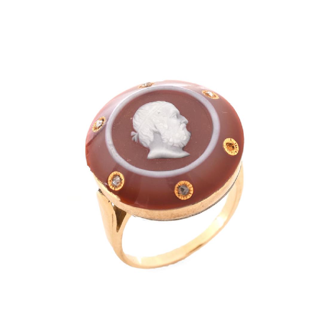 Antique Carved Carnelian, Diamond and 14 Karat Yellow: Antique Carved Carnelian, Diamond and 14 Karat Yellow Gold Ring. Stamped 14K. Small losses to carnelian, one small diamond missing. Ring size 10. Approx. weight: 11.6 grams. Shipping $28.00 (estimate 