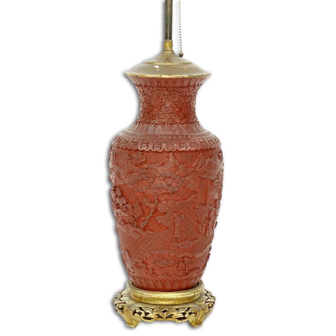 Large Chinese Cinnabar Baluster Vase Mounted as Lamp (1 of 4)
