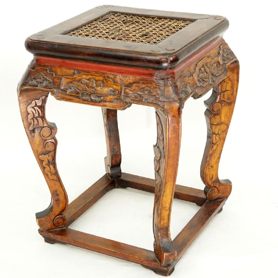 Chinese Carved Wood Stool with Cane Top. Splits to wood (1 of 5)