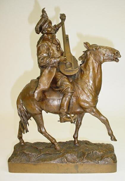 Grachev: 19C Russian Bronze Sculpture Russian Man: Grachev: 19th Century Russian Bronze Sculpture "Russian Man on Horseback with Stringed Instrument" Signed Impressed Signature in Cyrillic Gratchev and Woerffels Foundry Mark. Very Fine Casting. There
