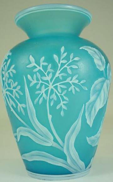 Thomas Webb & Sons English Cameo Art Glass Vase wi: Thomas Webb & Sons English Cameo Art Glass Vase with Prussian Blue Ground and Carved White Overlay. Signed Thomas Webb & Sons Molded Signature and Dated 1889. Retailed by Tiffany & Company. Very Good