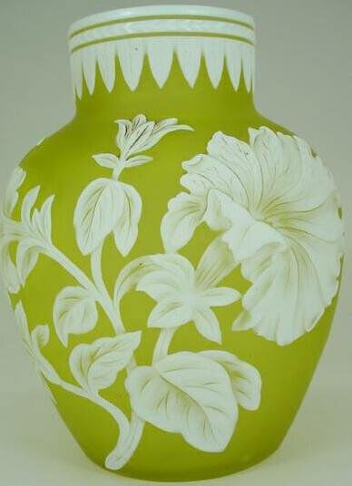 attributed to: Thomas Webb & Sons English Cameo Ar: attributed to: Thomas Webb & Sons English Cameo Art Glass Vase with Greenish Yellow Citron Ground and Carved White Overlay. Unsigned. Very Good Condition. Ground and Polished Pontil. Measures 5-3/8 In