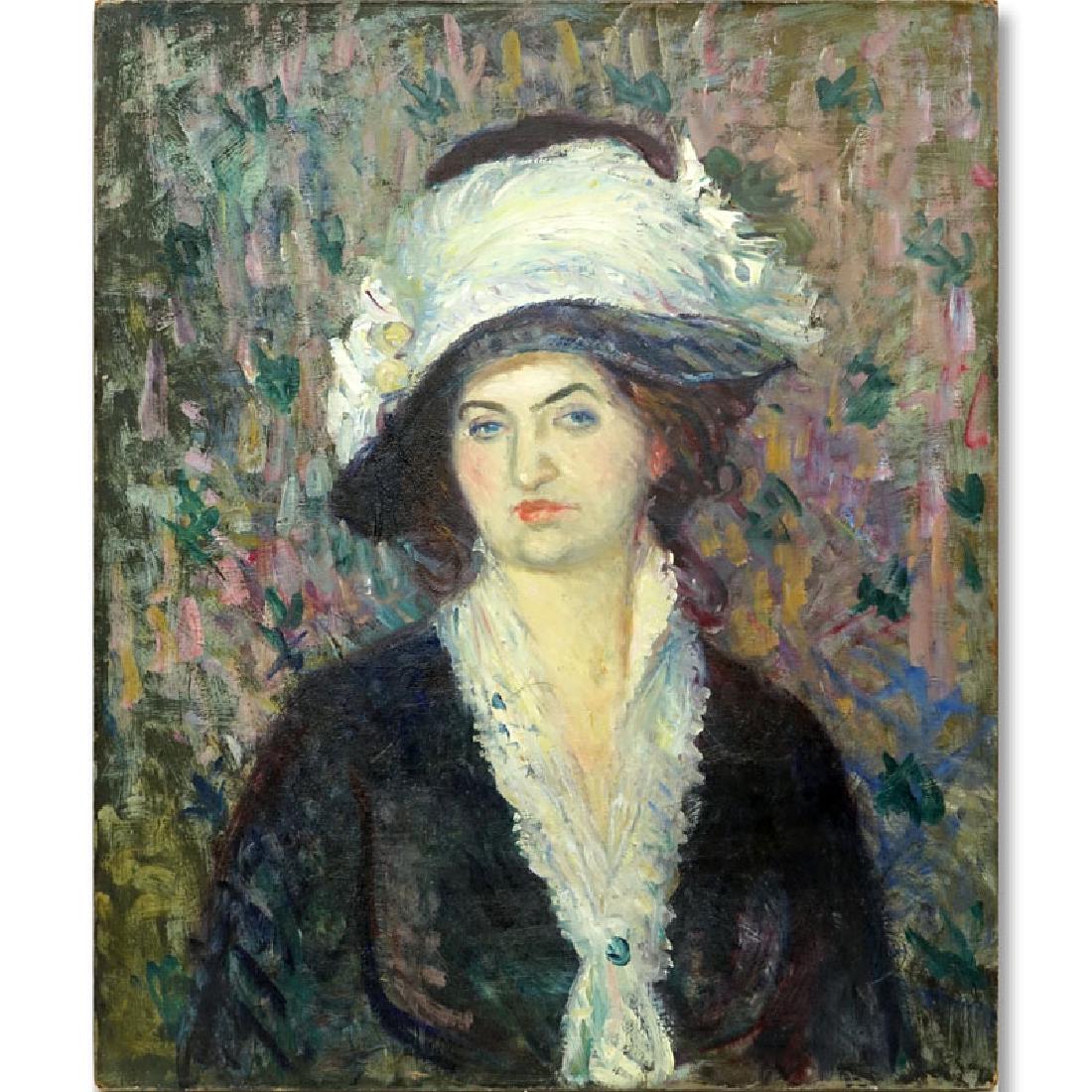 William Glackens, American (1870â€“1938) Oil on Canvas,: William Glackens, American (1870â€“1938) Oil on Canvas, "Head of a Woman". Signed and titled to verso, paper label to stretcher, hang tag "Mr. & Mrs. Ira Glackens" (artist's son) which was previo