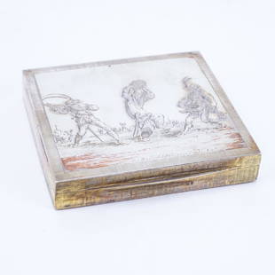 Vintage Mario Buccellati Gold Washed Sterling Silver: Vintage Mario Buccellati Gold Washed Sterling Silver Cigarette Box with Engraved Balli di Sfessania (Dance of Sfessania) after Jacques Callot to top. Signed M. Buccellati. Rubbing, overall very good c