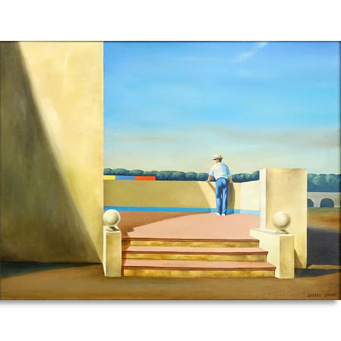 After: Jeffrey Smart, Australian (1921 - 2013) Oil on: After: Jeffrey Smart, Australian (1921 - 2013) Oil on Canvas ""Enjoying The View" Signed lower right. Good condition. Canvas measures 30" H x 39-1/2" W, frame measures 39-1/4" H x 48-3/4" W. Shipping: