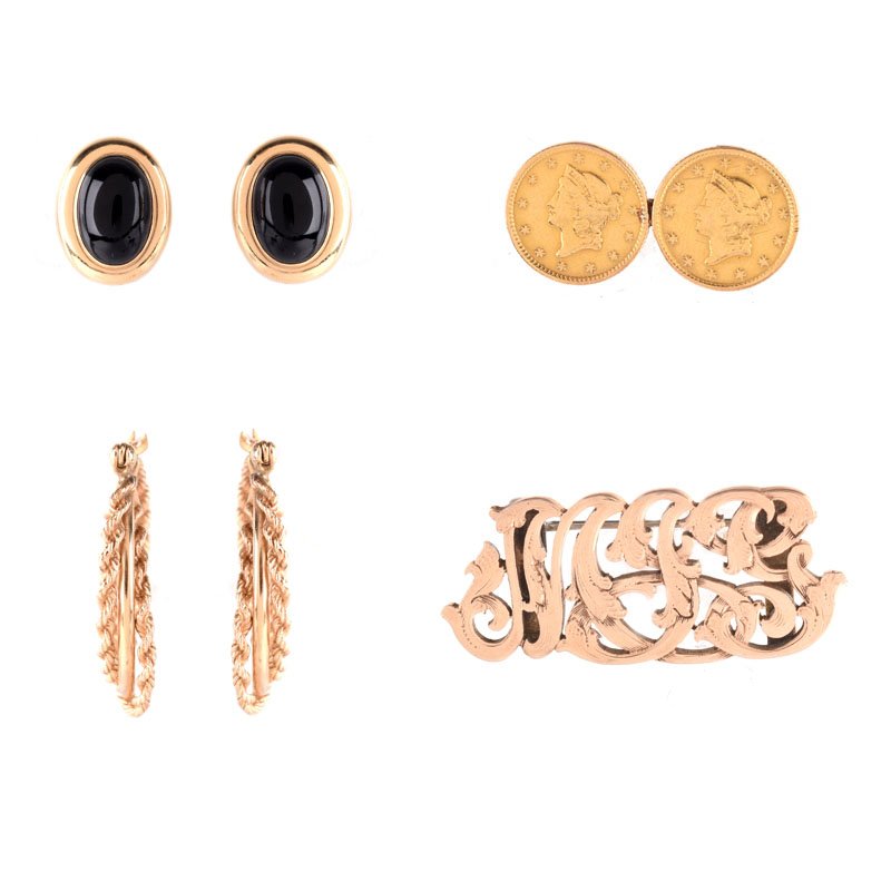 Two (2) Pair of 14 Karat Yellow Gold Earrings, one with (1 of 5)