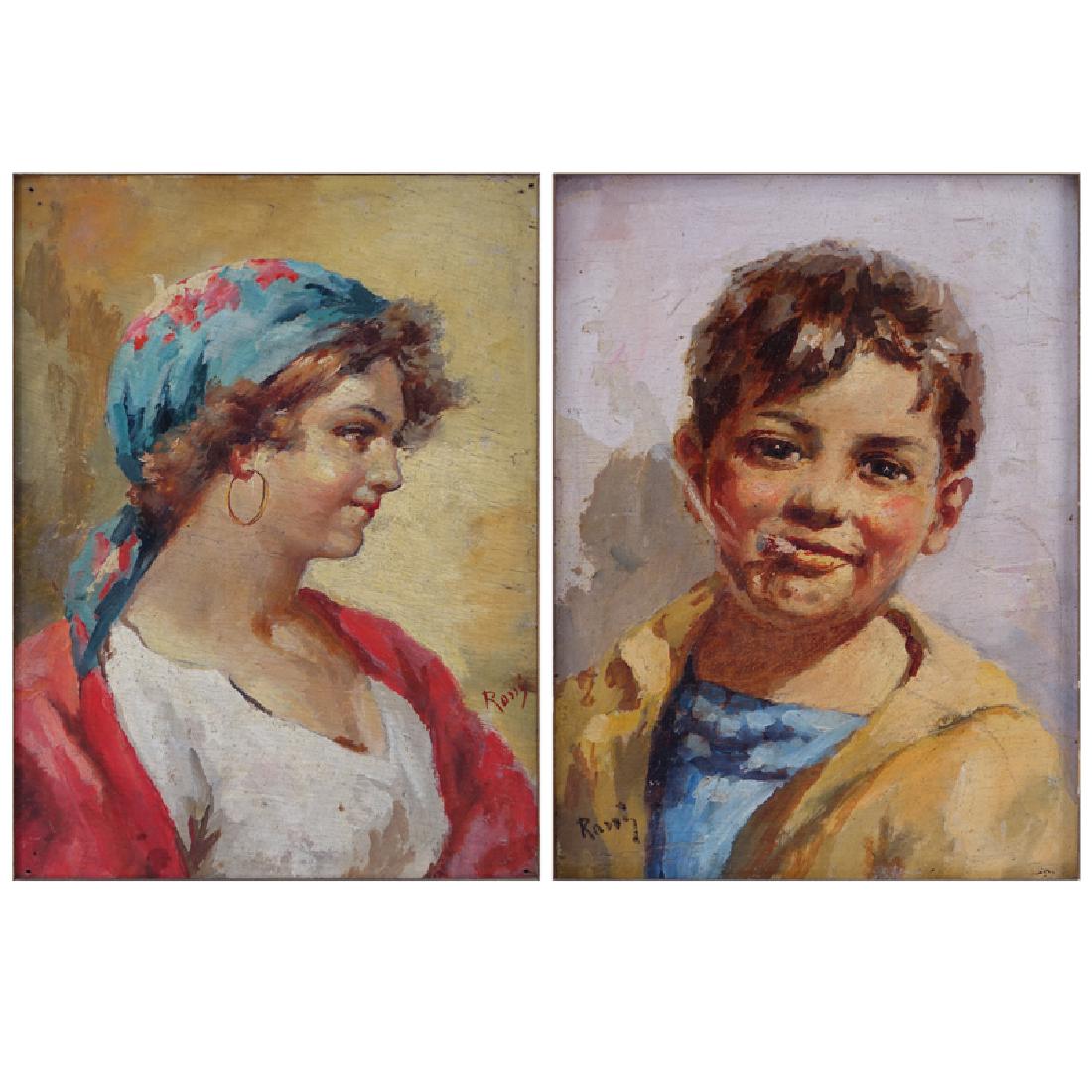 Pair of Italian Oil on Board Paintings, Young Boy and: Pair of Italian Oil on Board Paintings, Young Boy and Girl, Signed Rossi. Craquelure to paint otherwise good condition. Board measures 7-1/2" H x 5-1/2" W, frame measures 14-1/4" H x 12-1/4" W. Shippi