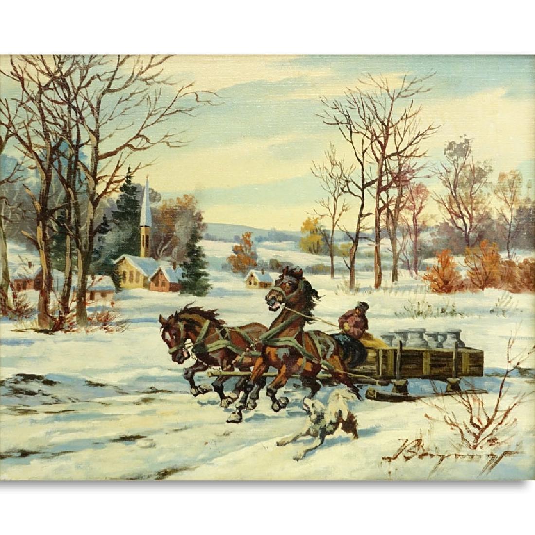 Austrian Oil on Canvas, Horse Drawn Sled with Dog,: Austrian Oil on Canvas, Horse Drawn Sled with Dog, Signed Lower Right. Good condition. Canvas measures 16" H x 20" W, frame measures 22-1/4" H x 26-1/4" W. Shipping $95.00 (estimate $200-$300)