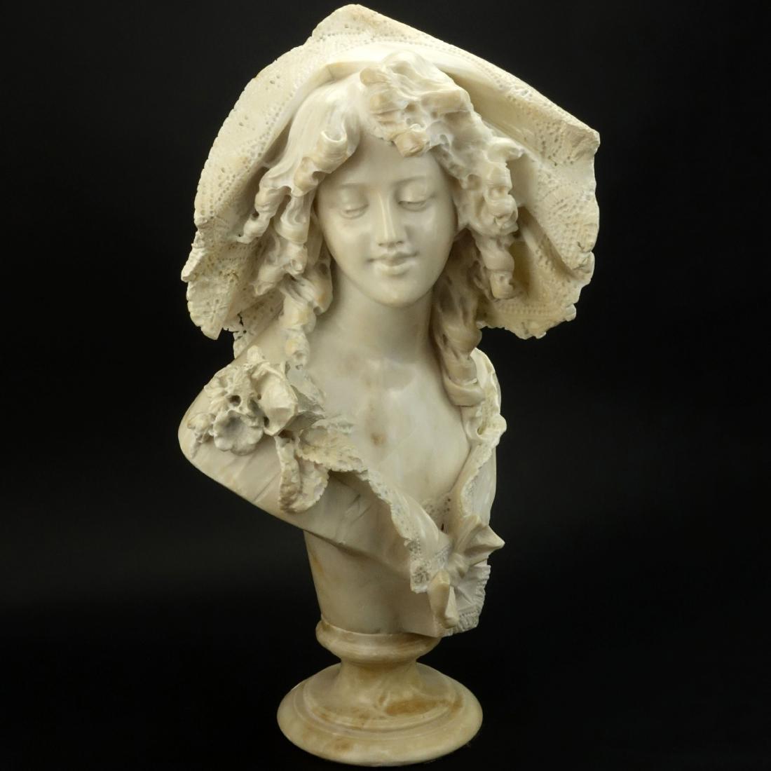 19/20th Century Polished Alabaster "Beauty with: 19/20th Century Polished Alabaster "Beauty with Lace-trimmed Hat". Signed A. Cipriani. Restoration to one side. Measures 22" H x 15-1/2" W. Shipping: Third party (estimate $600-$800)