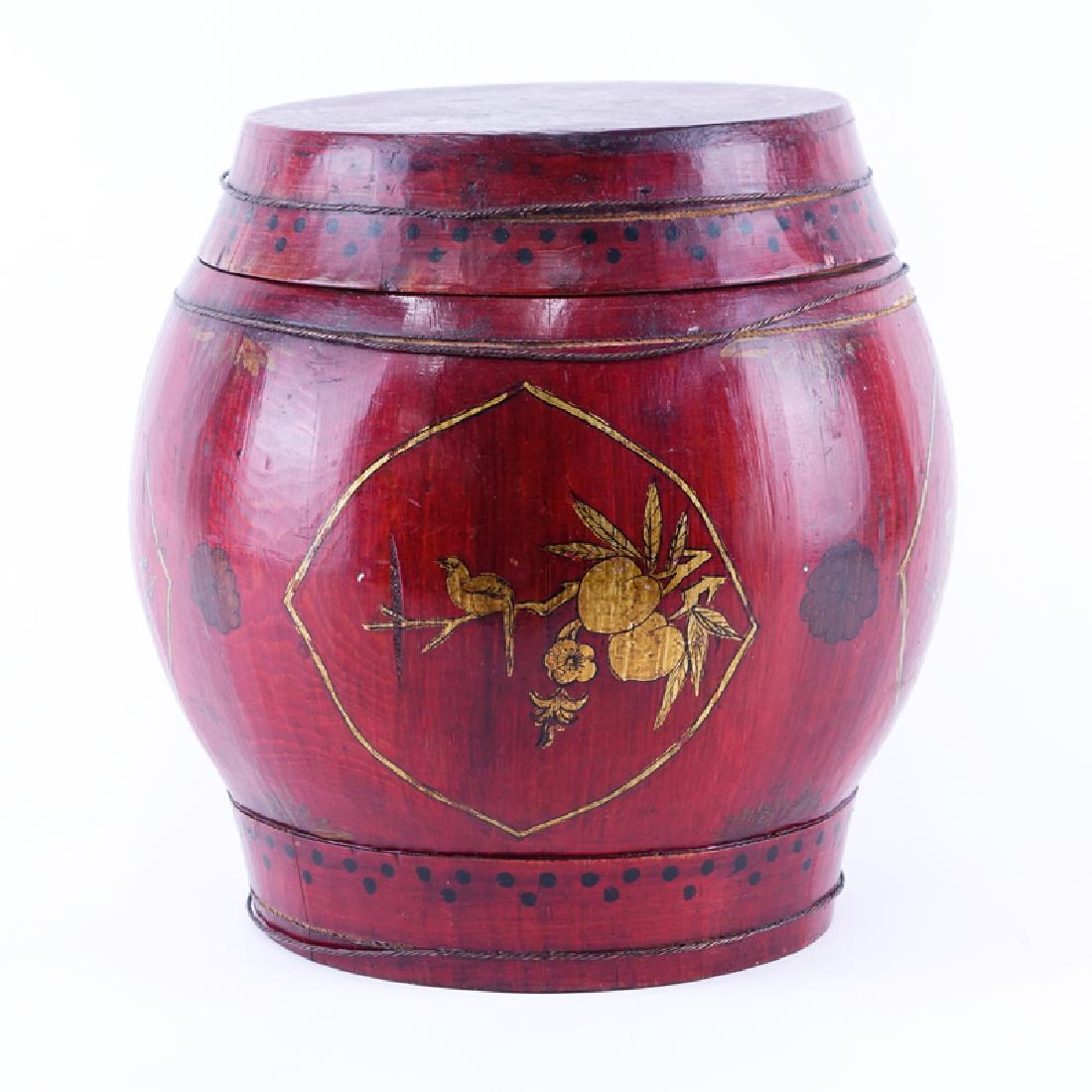 Chinese Red Lacquer Wood Covered Basket. Signed beneath (1 of 5)