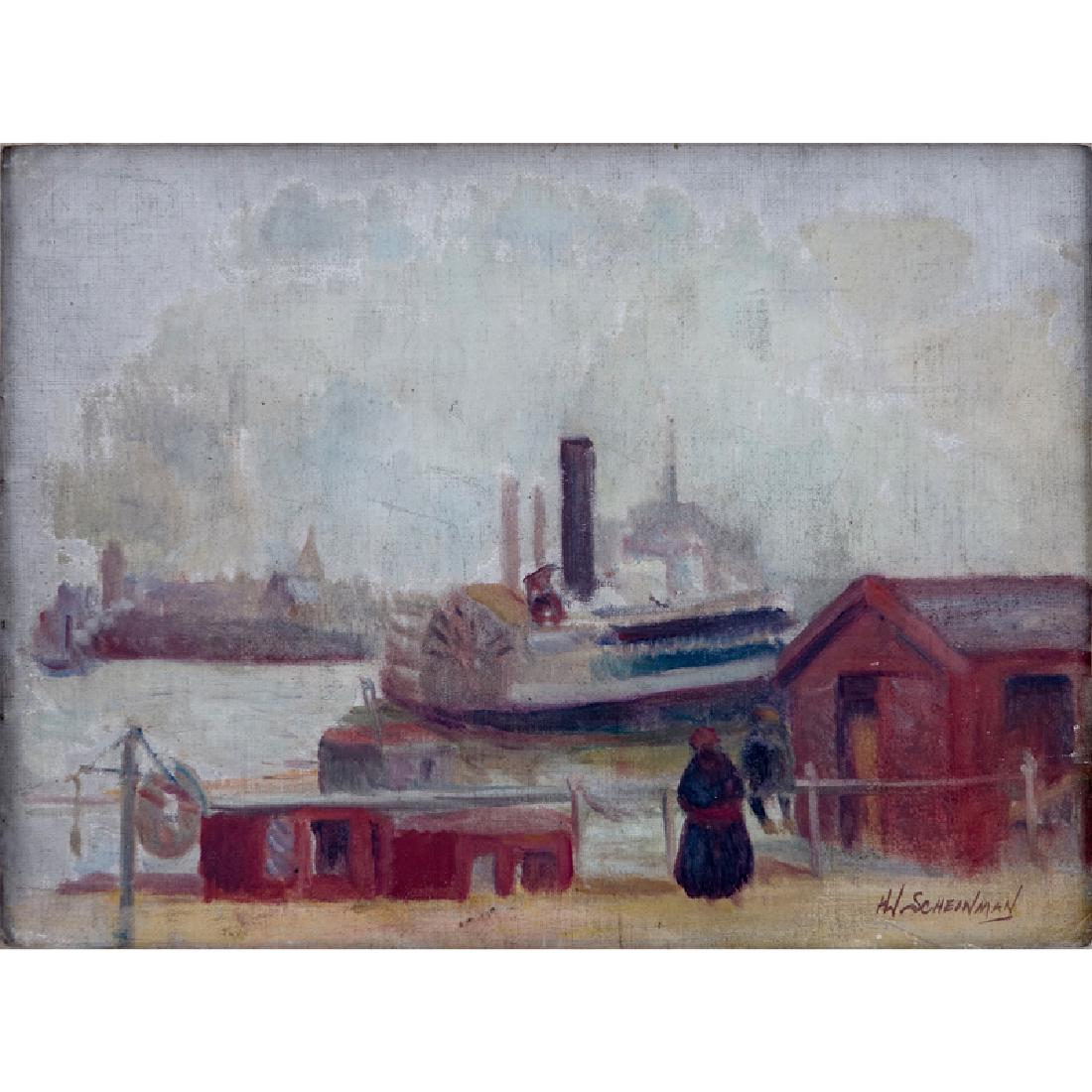 Hortense W. Scheinman, American (born 1901) Oil on: Hortense W. Scheinman, American (born 1901) Oil on Panel, Harbor Scene, Signed Lower Right. Kensington label attached en verso. Some fading, crease to top left corner, very small staple holes to left.