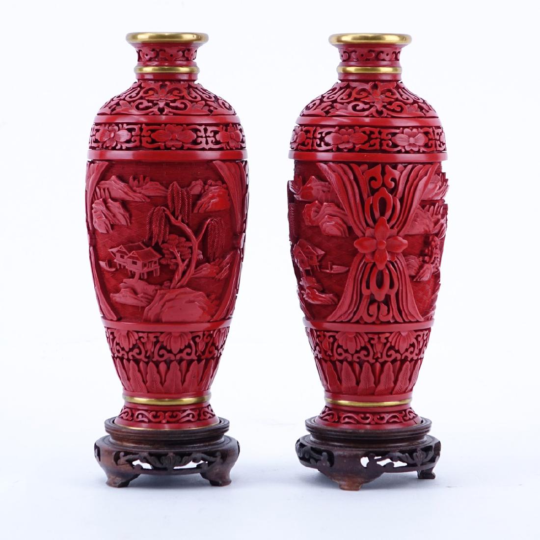 Two Vintage Cinnabar Vases With Stands. Intricately (1 of 3)