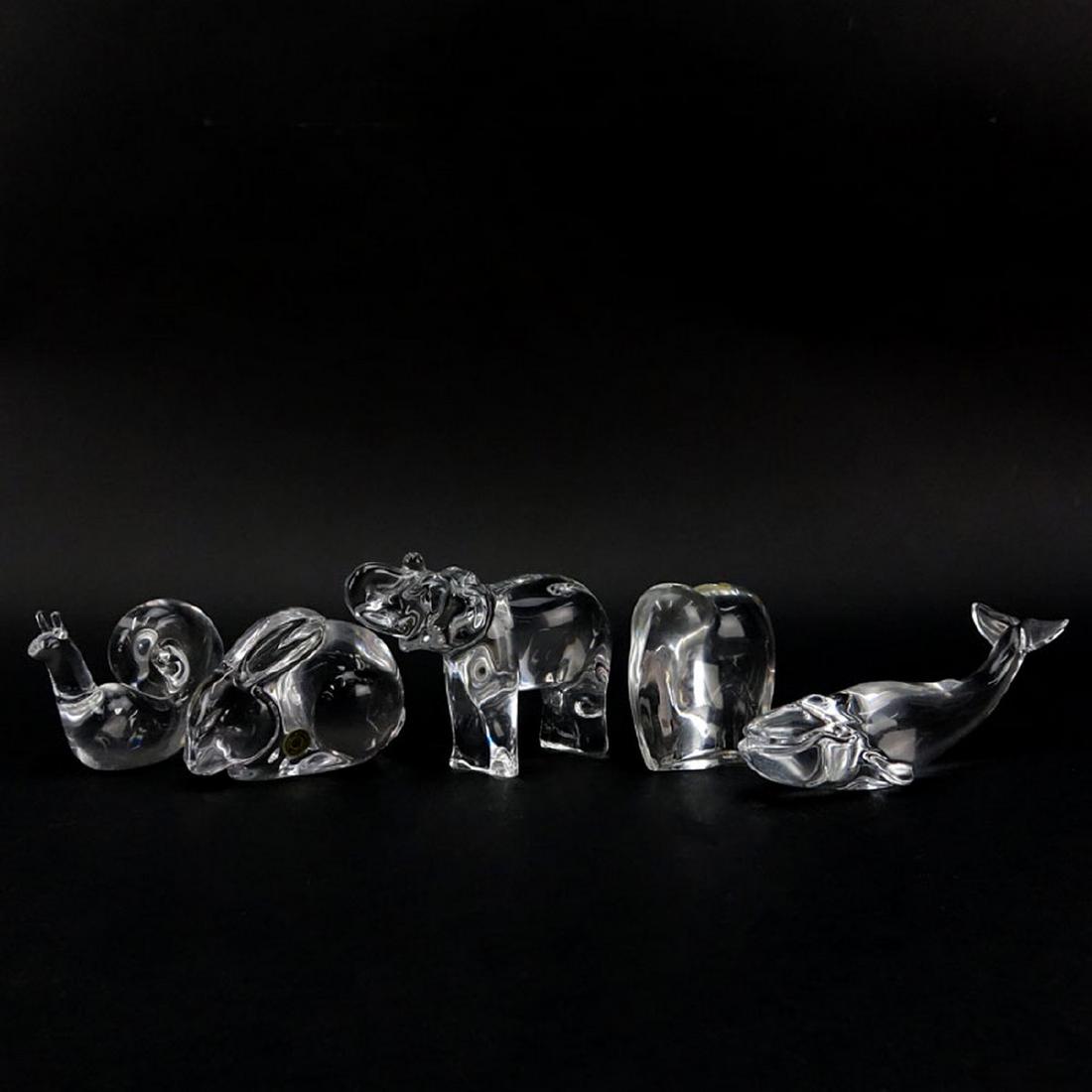 Grouping of Five (5) Paperweights: Baccarat Crystal: Grouping of Five (5) Paperweights: Baccarat Crystal Elephant, Baccarat Crystal Elephant with Trunk Up, Baccarat Crystal Whale, Steuben Crystal Snail, Val St. Lambert Crystal Rabbit. All appropriately 