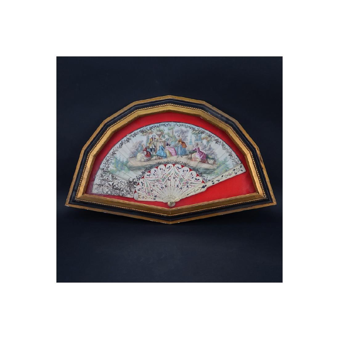 Antique Victorian Hand Painted Silk and Bone Fan: Antique Victorian Hand Painted Silk and Bone Fan Mounted in Shadowbox Frame. Condition consistent with age, some fraying to silk, rubbing. Fan measures 10-1/2" H x 19-1/2" W, frame measures 16" H x 26