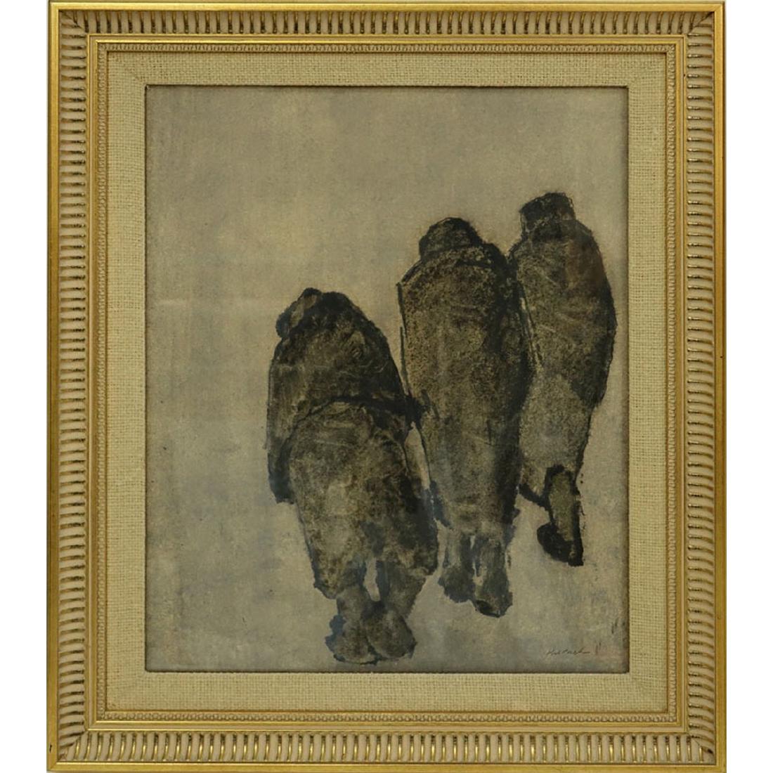 Ivan Kurach, Ukrainian (1909 - 1968) Mixed Media on: Ivan Kurach, Ukrainian (1909 - 1968) Mixed Media on Paper, Three Standing Figures, Signed Lower Right. Good condition. Measures 17-1/4" H x 13-1/2" W (sight), frame measures 22-3/8" H x 18-1/2" W. Shi