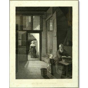 After: Pieter de Hooch, Antique Engraving "Interieur: After: Pieter de Hooch, Antique Engraving "Interieur Hollandais", L.A. Claessens sculp. Foxing and Toning throughout the margins. Measures 14-7/8" H x 11-3/4" W (sight), frame measures 24" H x 19" W.