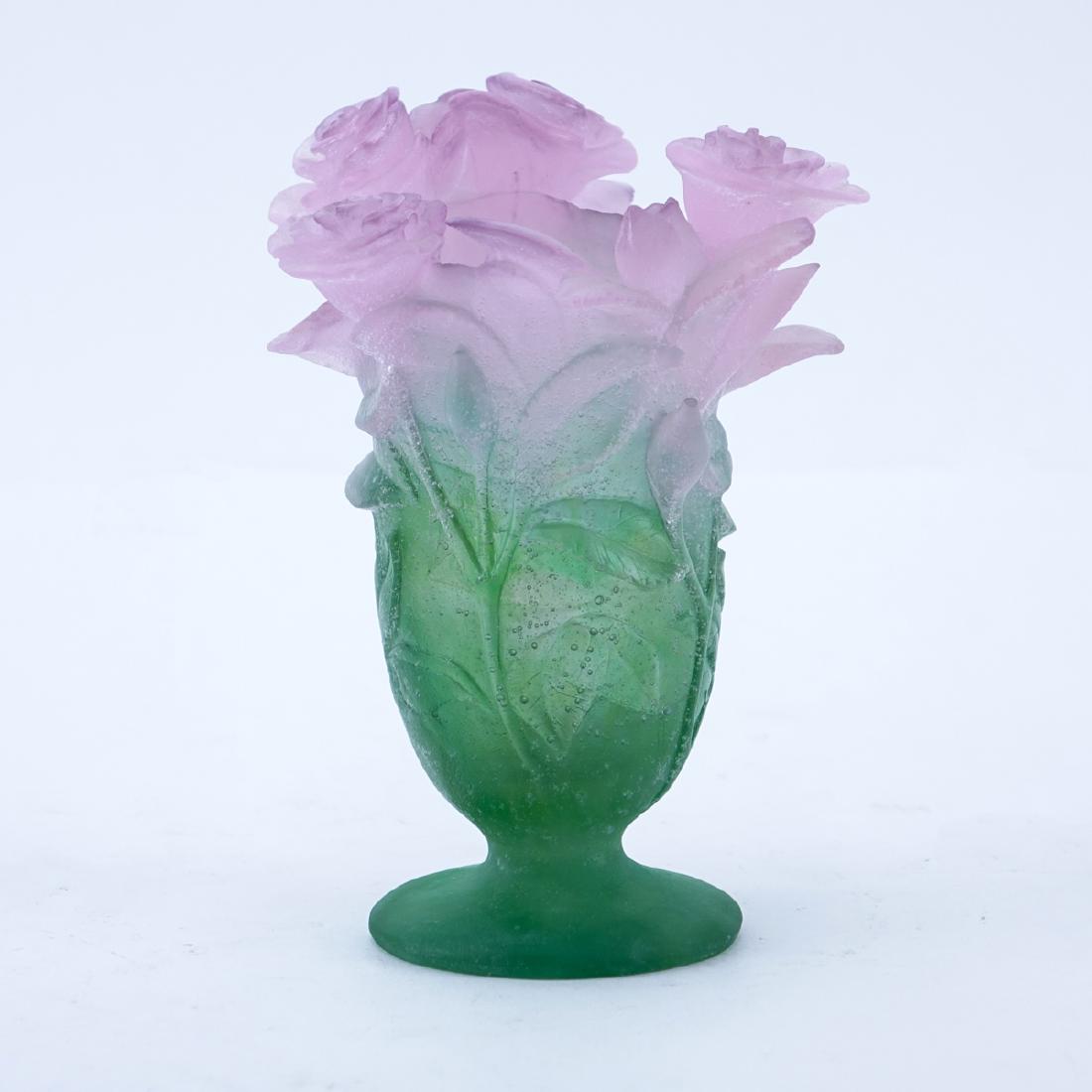 Daum France Pink & Green Pate De Verre Flower Vase.: Daum France Pink & Green Pate De Verre Flower Vase. Signed. Good condition. Measures 7" H. Shipping $49.00 (estimate $100-$200)