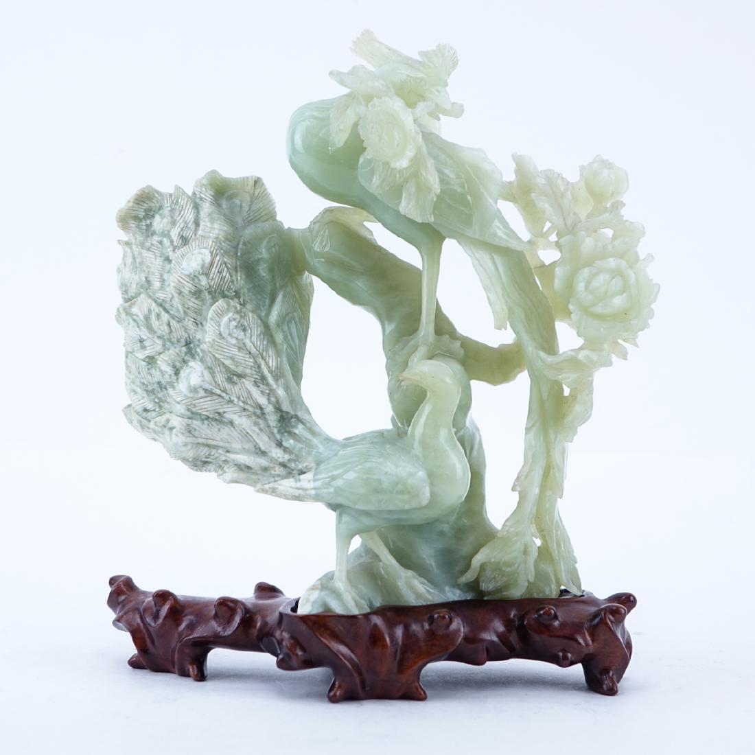 Chinese Carved Serpentine Jade Bird Group on Wooden (1 of 5)