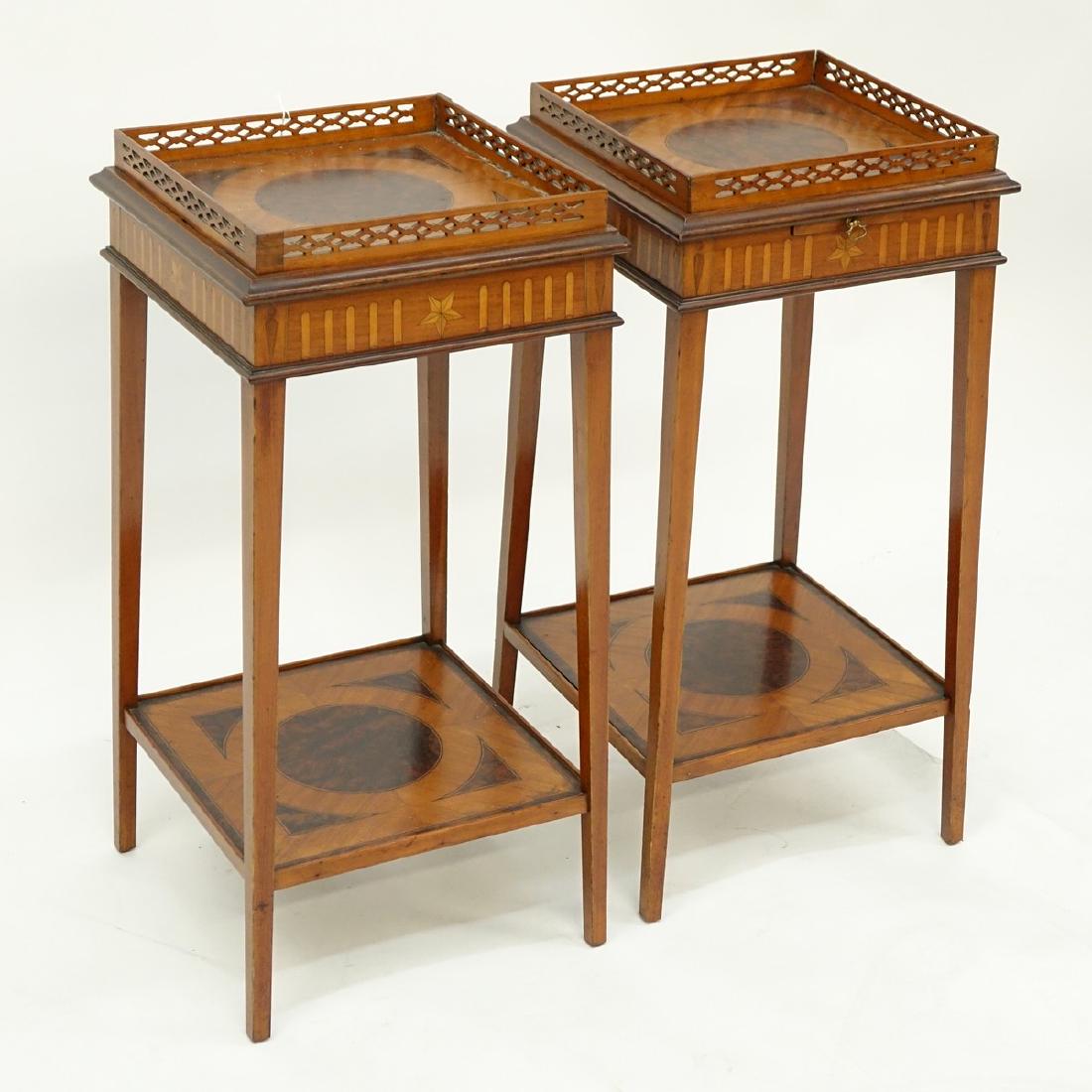 Pair of Edwardian Burled Inlaid Two Tiered Pedestal: Pair of Edwardian Burled Inlaid Two Tiered Pedestal Tables with Gallery to Top. Sliding platform to top. Wear to inlay, some losses, one table is missing the handle for sliding platform. Measures 25-3