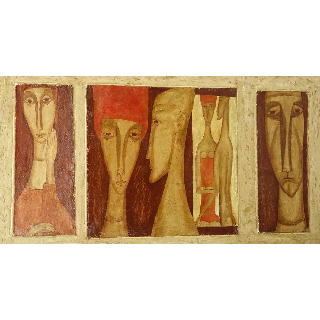 Adam Niemczyc, Polish (born 1914) Mixed Media on: Adam Niemczyc, Polish (born 1914) Mixed Media on Masonite "Tryptic Czerwona Narzecz, 1964" Signed en verso. Normal wear to board overall good condition. Measures 25-5/8" H x 47-1/8" W. Shipping: Third