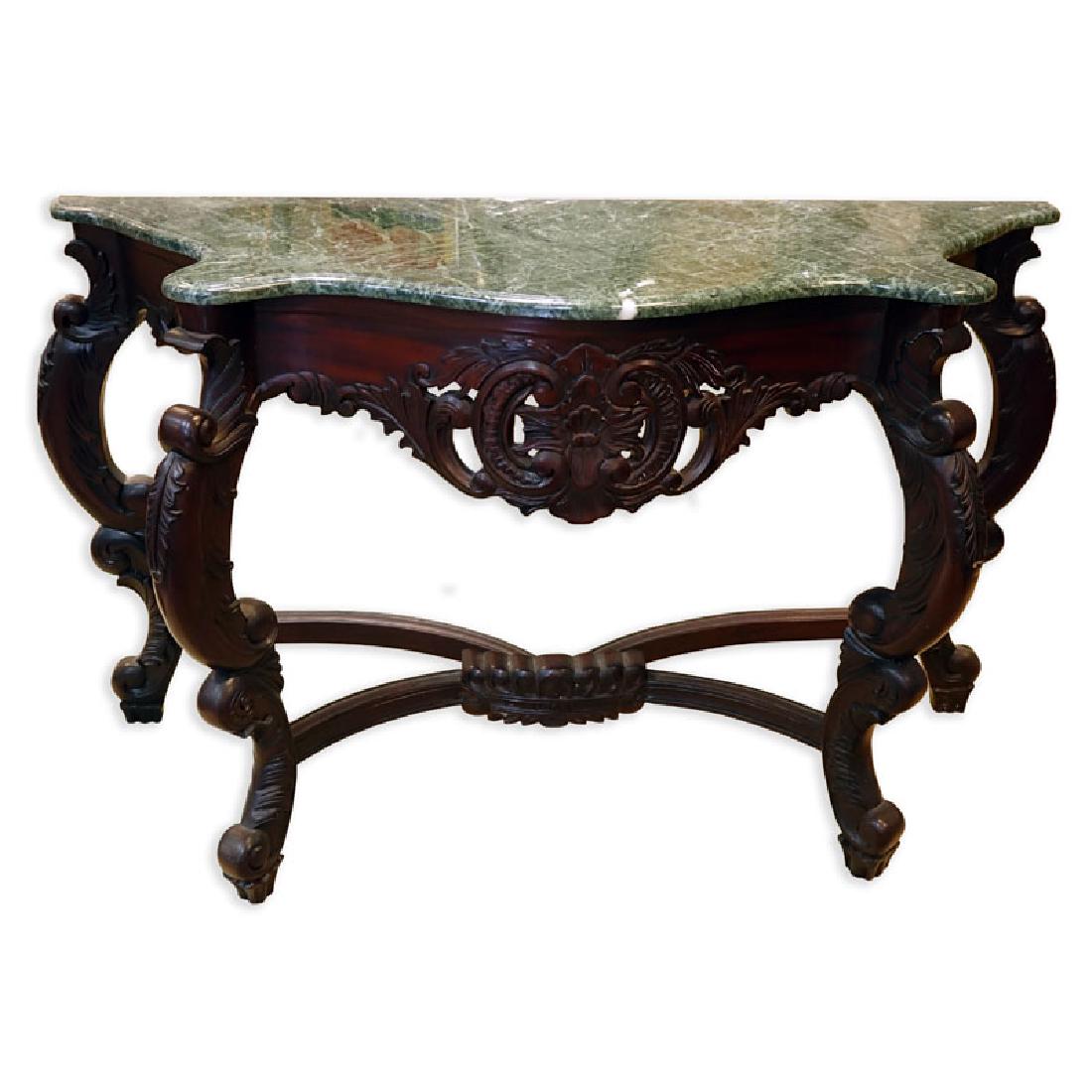 20th Century Carved Mahogany, Marble Top Console Table. (1 of 4)