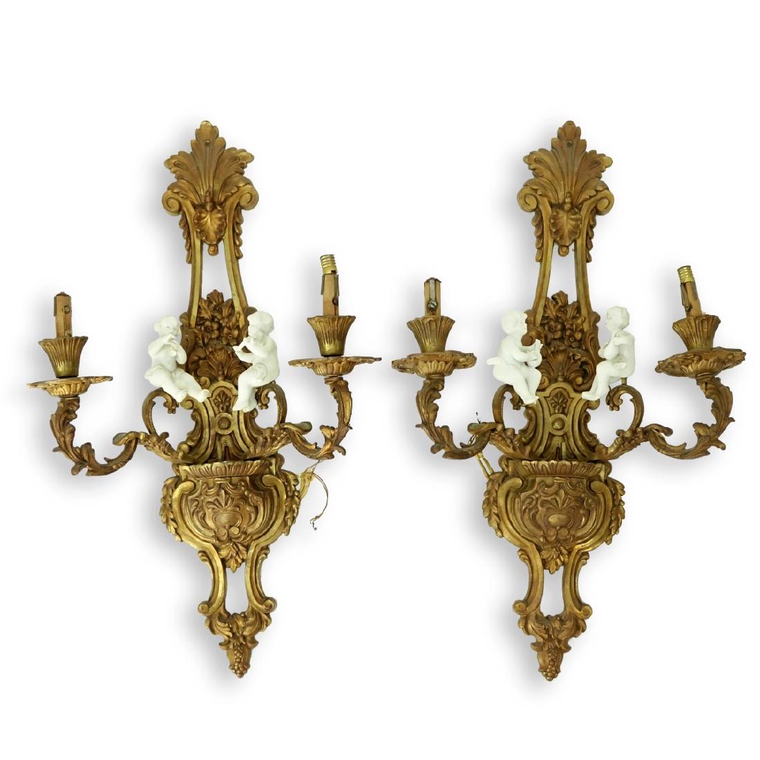 Pair Bronze 2 Light Sconces With Bisque Figures (1 of 5)