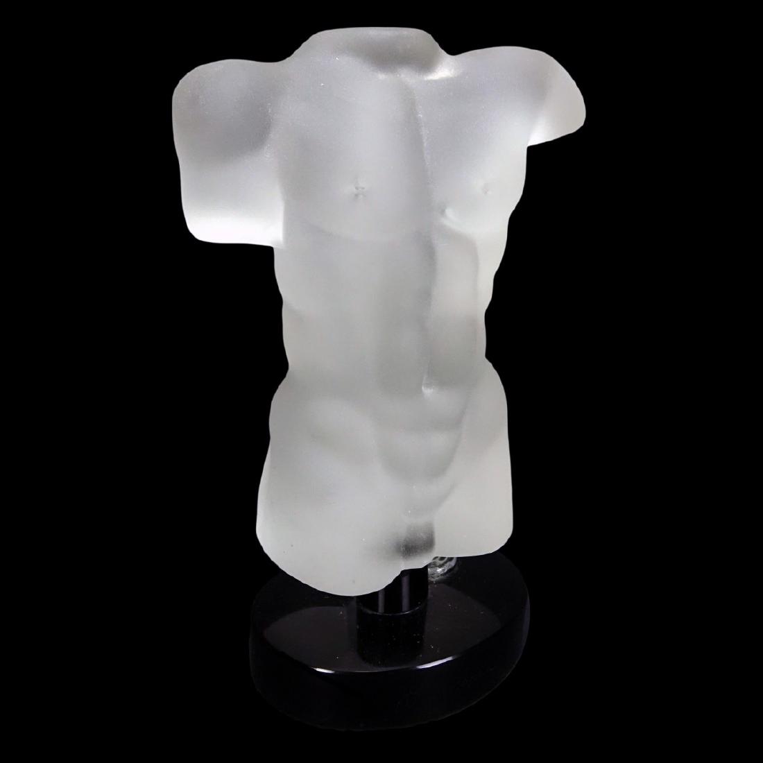 Dino Rosin (born 1948) Murano Art Glass Male Torso: Dino Rosin, Italian (born 1948) Murano Art Glass Male Torso. Signed. and has makers mark to base, original sticker labels to base. Measures 12" H x 7-1/2" W. Domestic Shipping: Third party