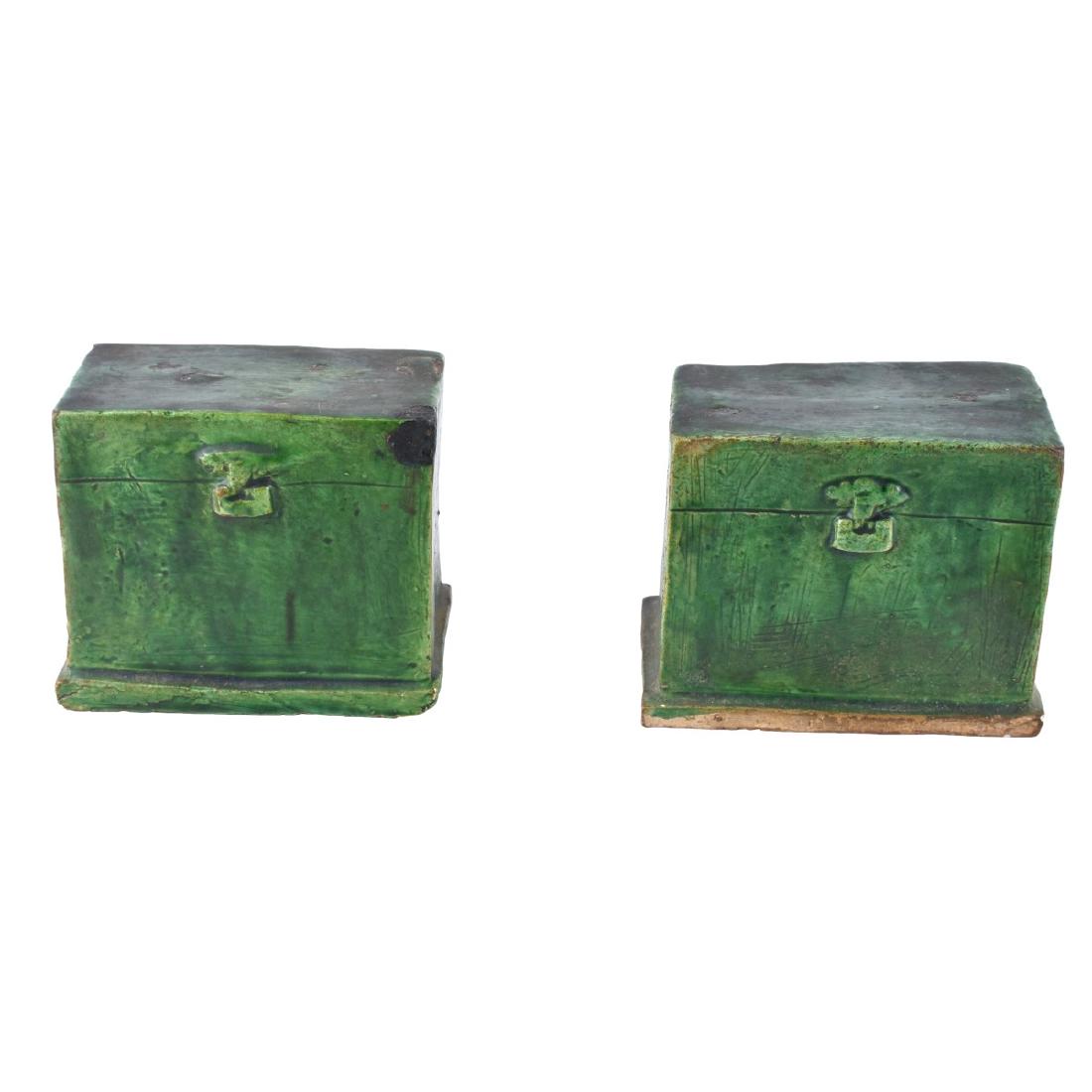 Pair of Antique Green Glazed Funerary Chest Models: Pair of Antique Ming Dynasty Style Green Glazed Funerary Chest Models. Measures 3-1/4" H x 4-3/4" W x 3" D. Condition: Nicks and rubbing associated with age Domestic Shipping: $48.00 Min Est. $100.00 