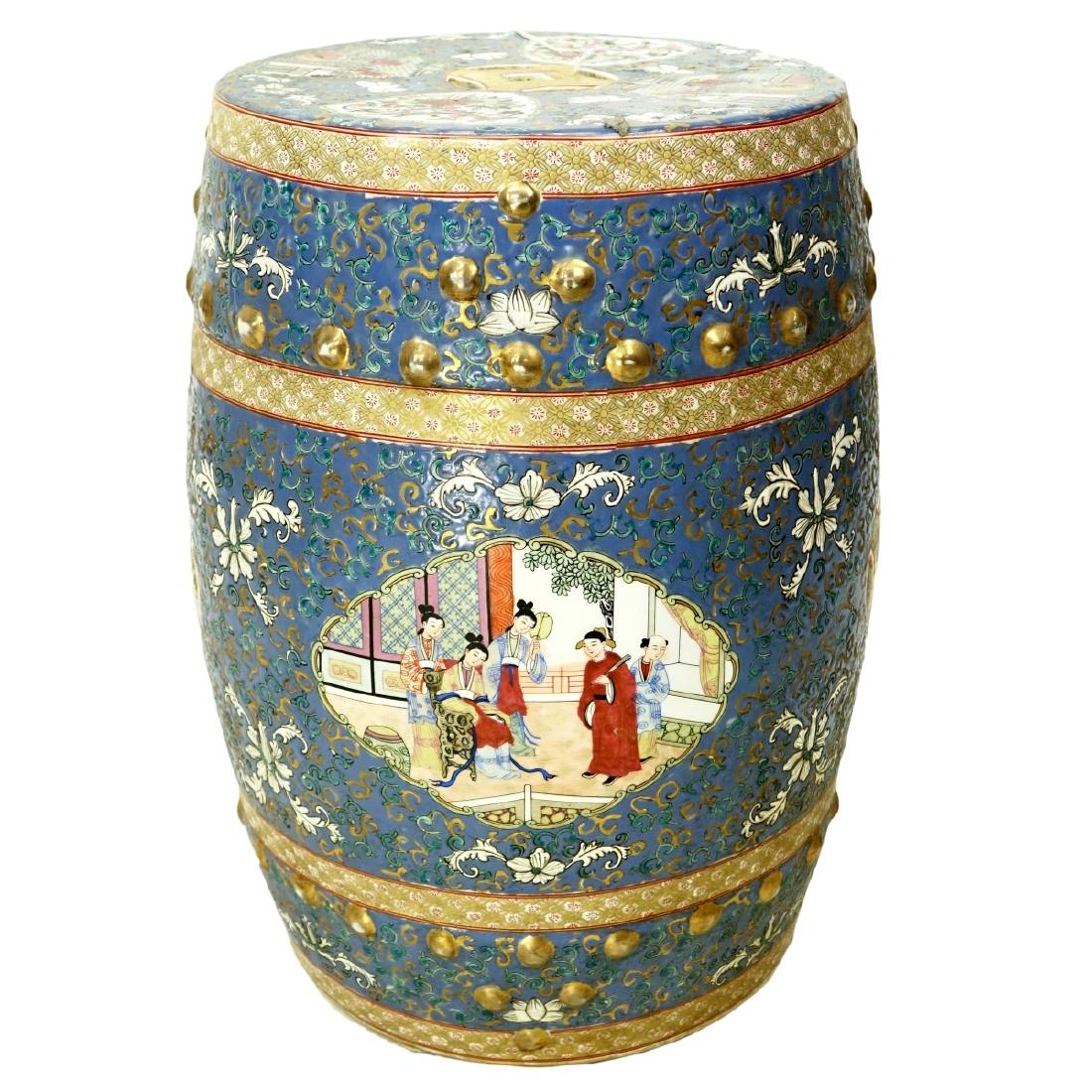 Large Chinese Export Porcelain Garden Seat: Large Chinese Export Porcelain Garden Seat. Intricate floral patterns with figures in windows. Measures 18-7/8" H x 13" W. Condition: Good codnition Domestic Shipping: Third party Min Est. $50.00 Max 