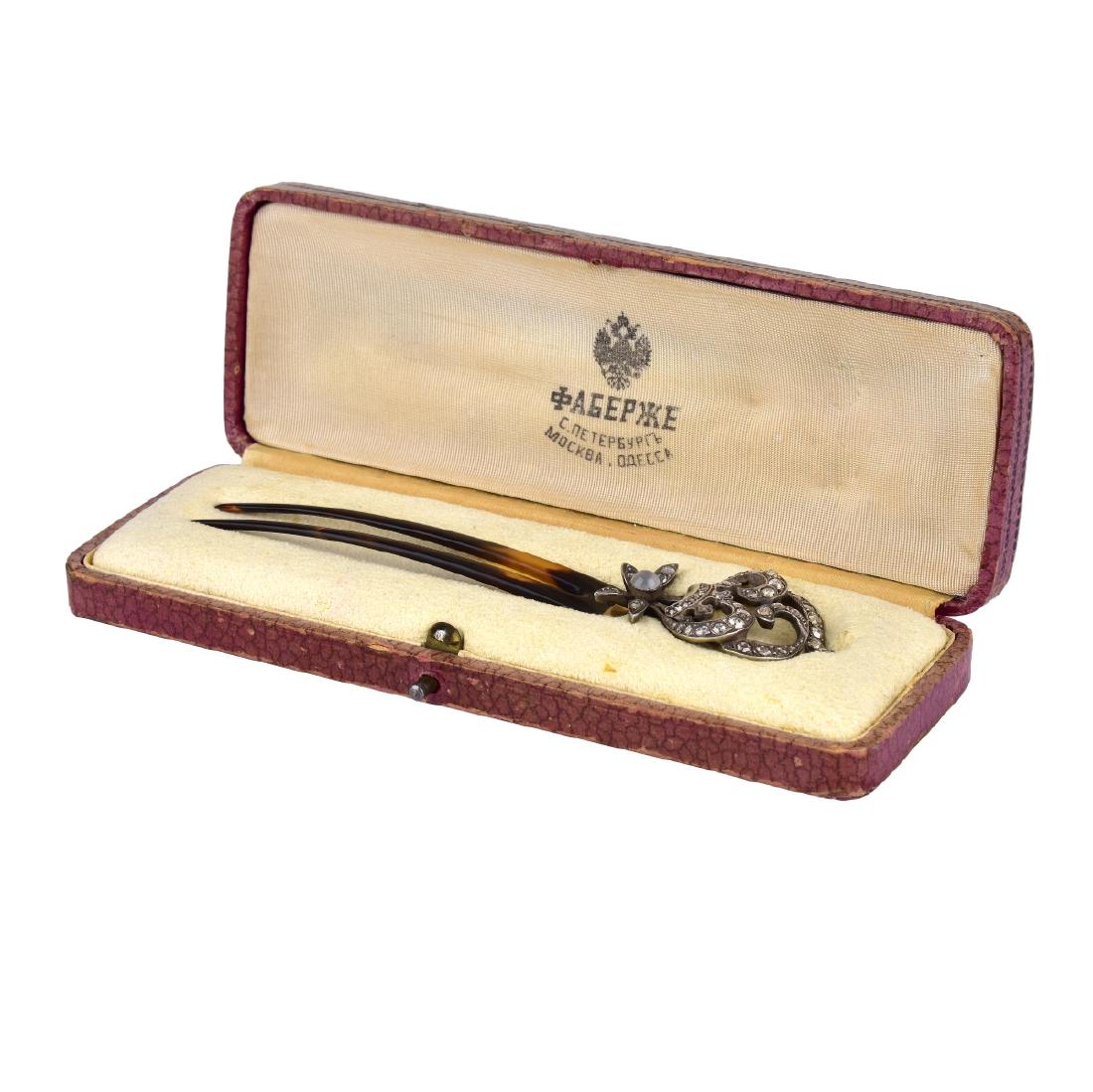 Gold, Diamonds, and Tortoise Shell Pin Comb: A Fine Gold, Approx 45 Rose Cut Diamonds, and Tortoise Shell Pin Comb with Cabochon Moonstone en Centre. Signed "AH" along with St. Petersburg (1899-1904) mark for gold. Kept in a Faberge Style fitted