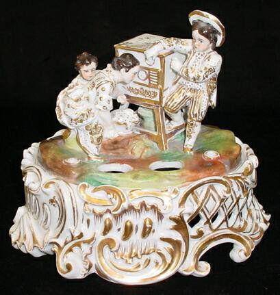 19th Century Jacob Petite Figural Porcelain Inksta: 19th Century Jacob Petite Figural Porcelain Inkstand. Sans Inserts, Has a Few Stress Cracks from Age or else Overall Very Good Condition, Rubbing. Signed Blue Underglaze JP and Again with Three (3) Do