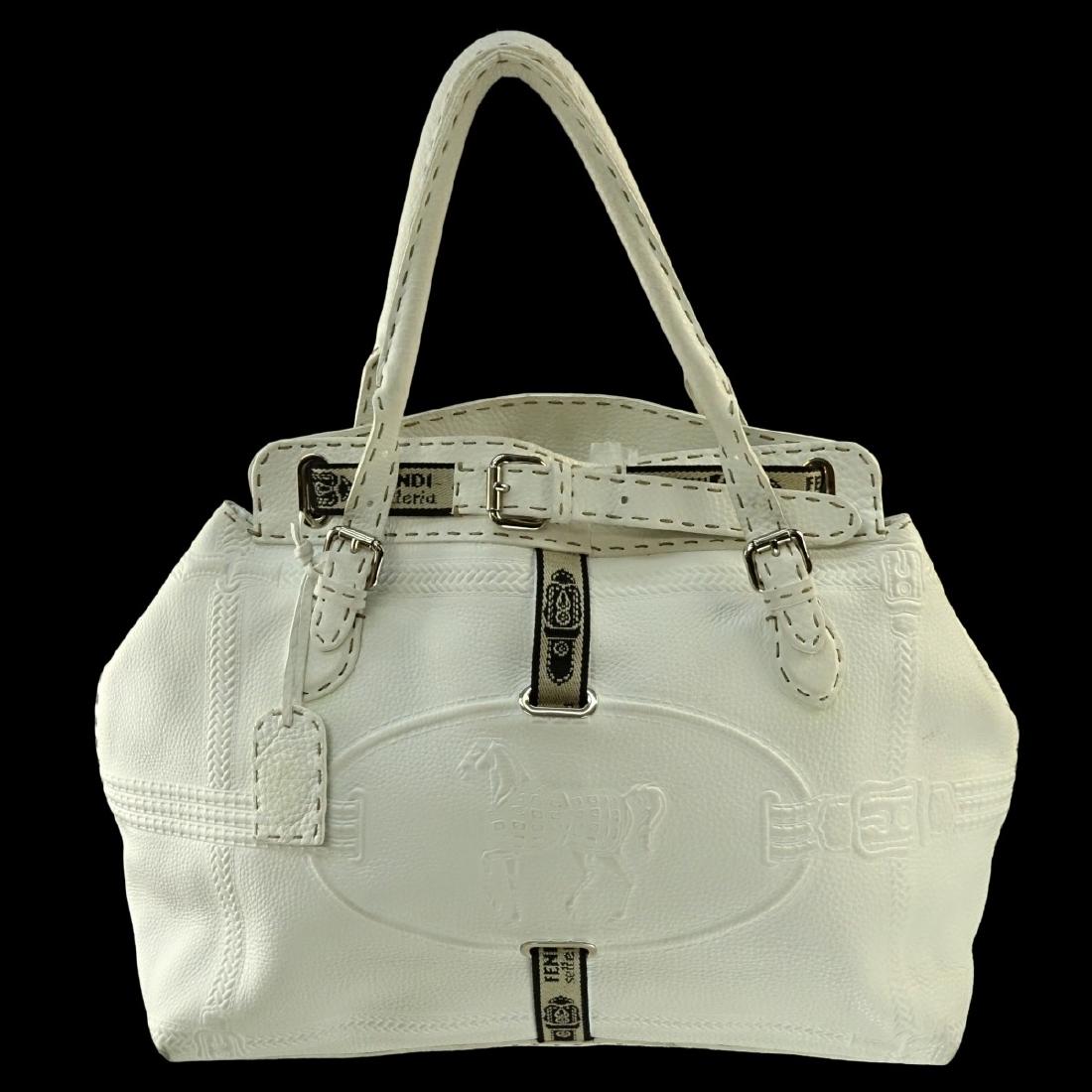 Fendi White Leather Selleria Tote Horse Bag