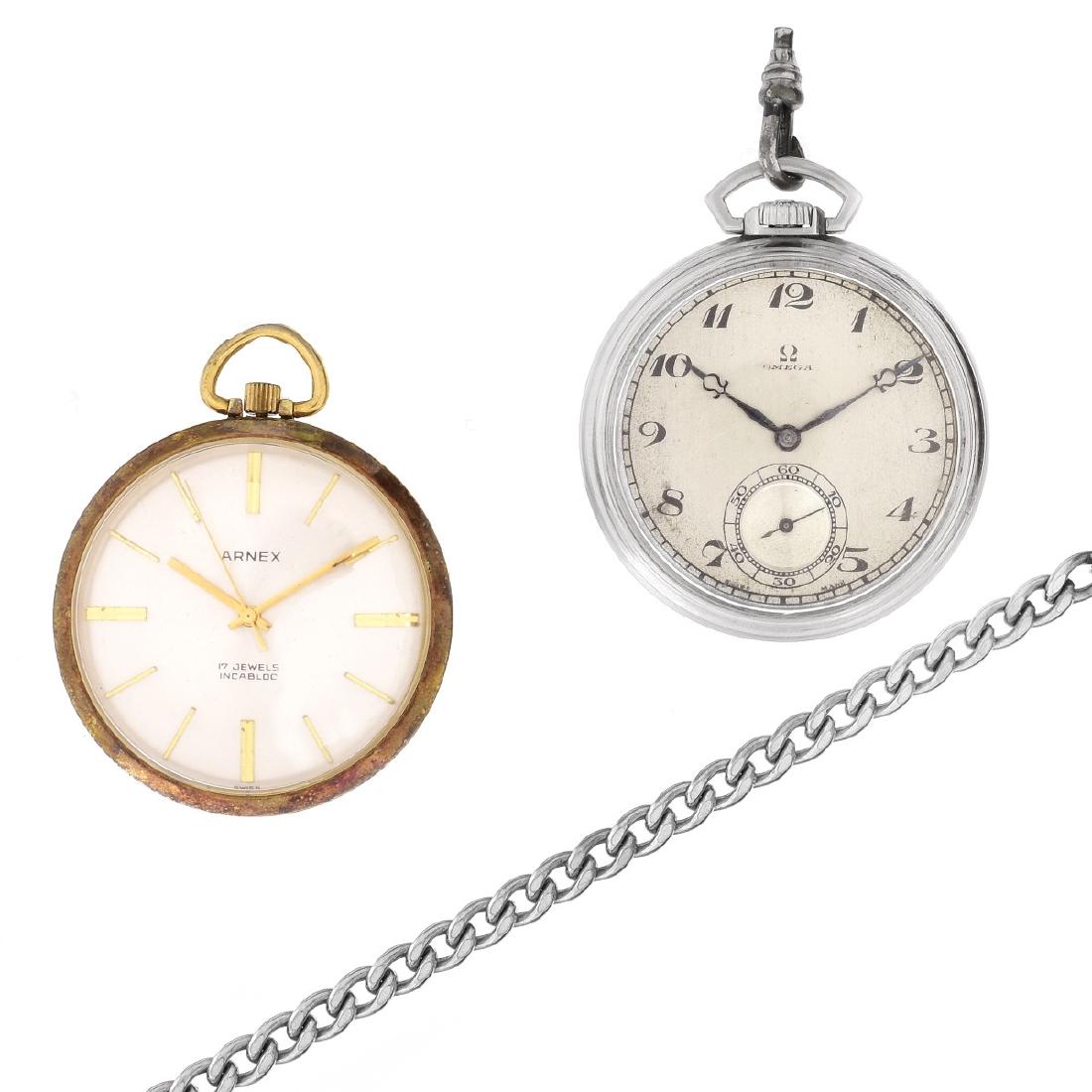 Two Vintage Pocket Watches: Vintage Arnex Gold Filled Pocket Watch together with a Vintage Omega Stainless Steel Pocket Watch with Chain. Cases measure 42.5mm and 45mm. Condition: Running. Surface wear consistent with normal use