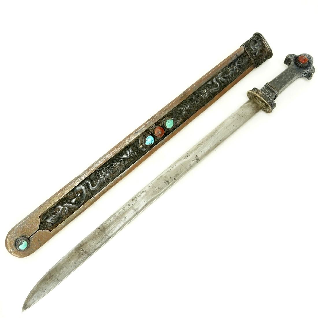 Antique Tibetan Silver and Gemstone Mounted Sword (1 of 6)