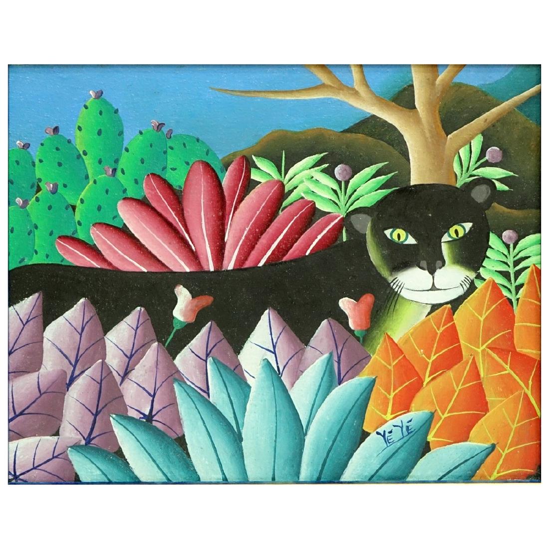 Haitian School Oil On Artist Board: Haitian School Oil On Artist Board "Panther In Jungle" Signed Ye Ye lower right. Measures 8" x 10", frame measures 10" x 12". Domestic Shipping: $44.00 Min Est. $100.00 Max Est. $150.00