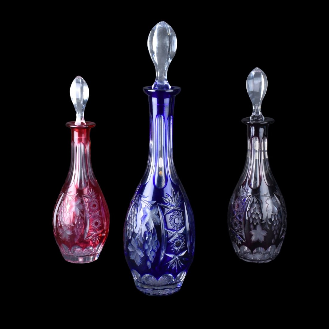 Three (3) Colored Cut To Clear Crystal Decanters (1 of 4)