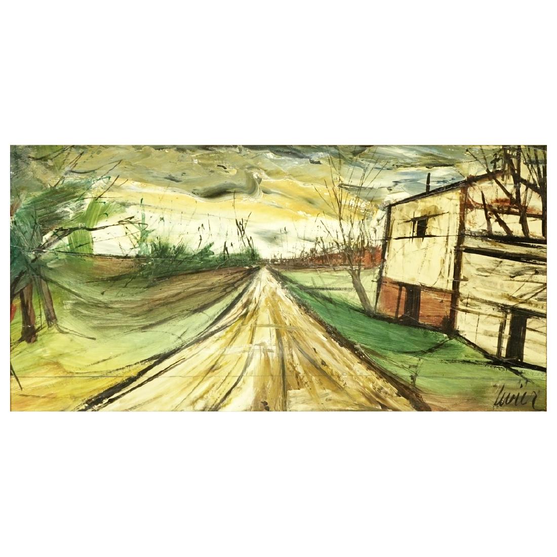 Charles Levier, French (1920â€“2003): Charles Levier, French (1920â€“2003) Oil on cardboard "Country Road". Signed lower right. Measures 12" x 24", frame measures 22" x 33-3/4". Condition: Good condition. Estimate: $300.00 - $400.00 