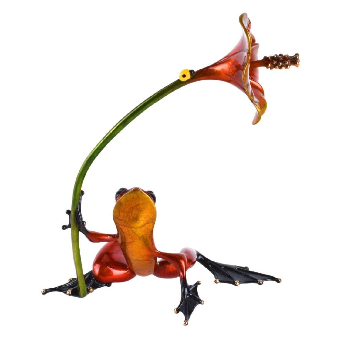 Tim Cotteril Polychrome Bronze Frog: Tim Cotteril, British (b. 1950) Two (2) Polychrome bronze "Frog With Ladybug & Flower". Signed and numbered 1311/2000. Measures 9-3/4" H. Condition: Very good condition. Estimate: $200.00 - $300.00 Do