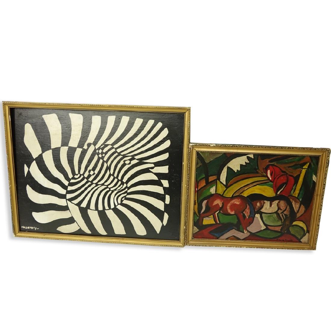 After: Vasarely and Franz Marc Paintings: Grouping of Two (2) Vintage Oil Paintings on Board: After Victor Vasarely "Zebra" and After Franz Marc "Red Horses". Each signed lower. Largest measures 21" H x 26-7/8" W, smallest measures 15-1/2" H