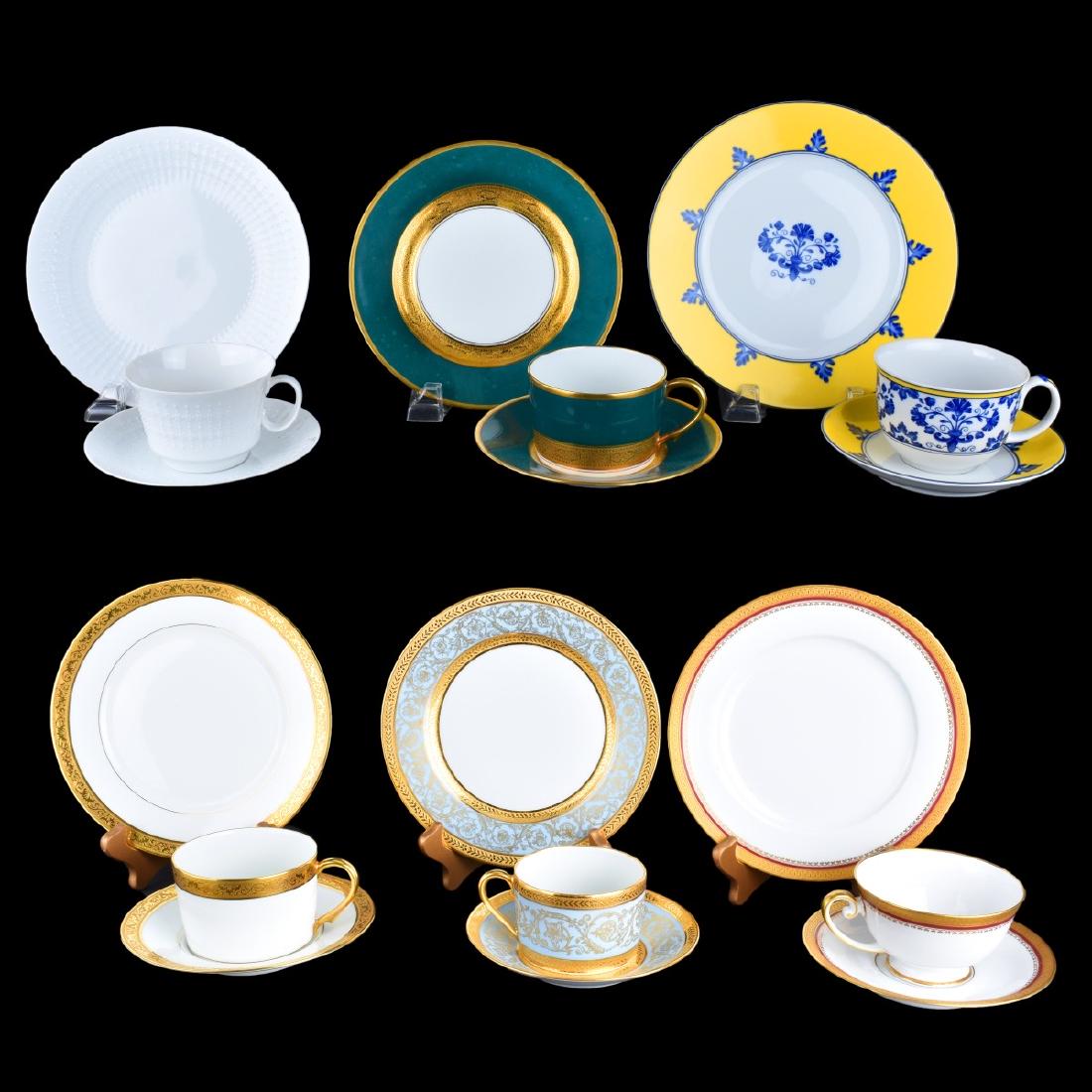 Six Limoges Trio: Grouping of Six (6) Antique Porcelain Trio Settings. Each includes cup, saucer, and luncheon plate. Consists of three Limoges, two hutschenreuther, and one Vista Alegre. Each appropriately signed to b