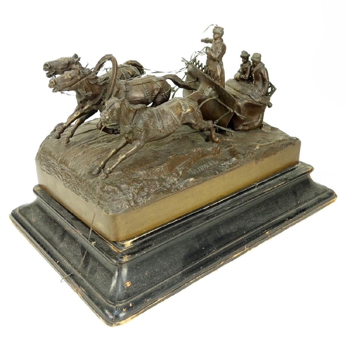 Vassili Yacovlevitch Grachev, Russian (1831-1905): Vassili Yacovlevitch Grachev, Russian (1831-1905) Bronze Sculpture "Troika" on Wood base. Signed and Woerffel Foundry mark. Measures 7-1/2 Inches Tall and 12 Inches Long. Condition: Minor losses to re