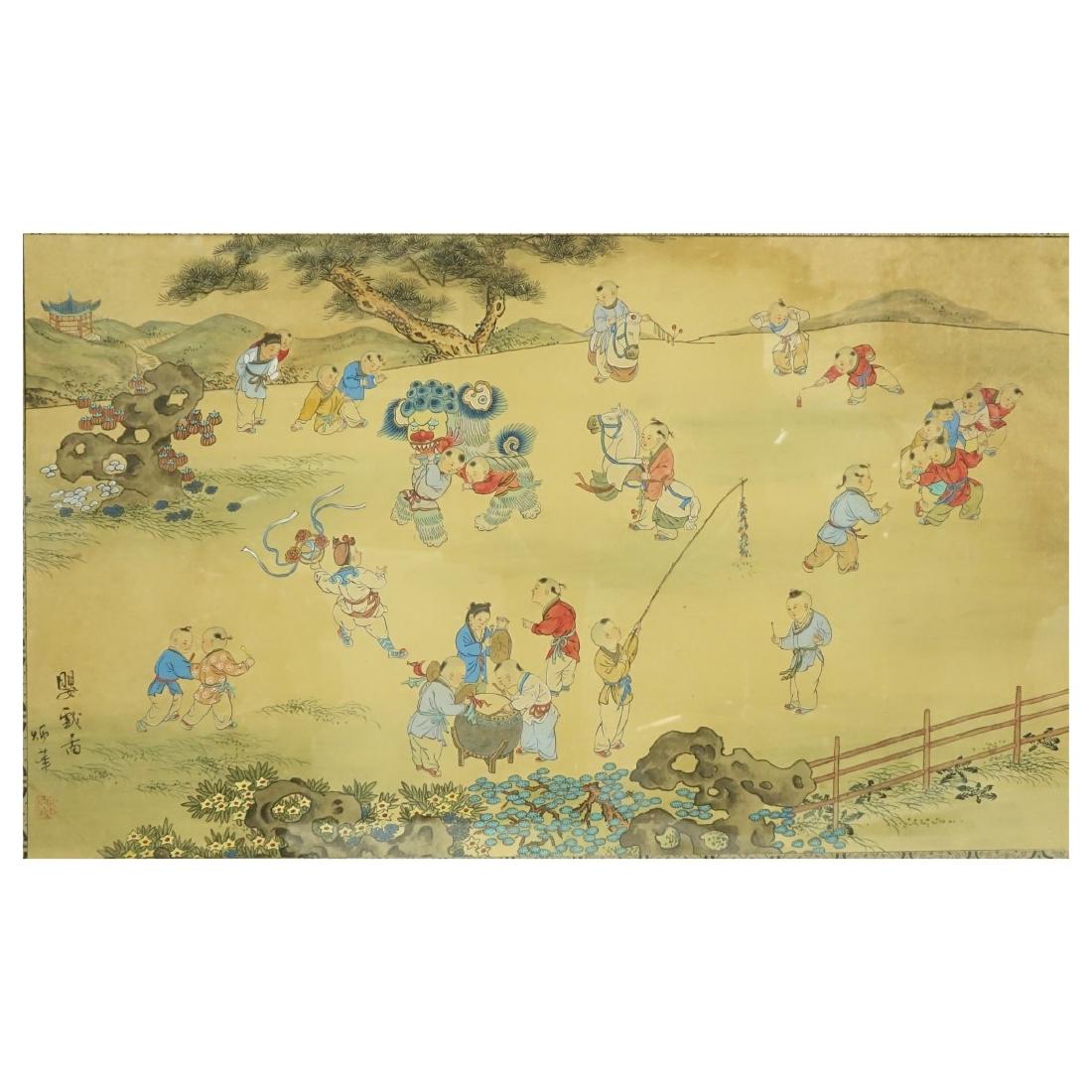 Chinese Scroll Painting: Chinese Scroll Painting,100 Children, Stamped Signed Lower Left. Measures 24-5/8 x 36-5/8" W. Condition: Toning, slight crease en center otherwise good condition Estimate: $100.00 - $200.00 Domestic S