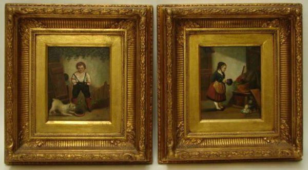 Pair of 19C Nicely Framed Decorative Oil on Tin "B: Pair of 19th Century Nicely Framed Decorative Oil on Tin "Boy" and "Girl". Each Signed Lower Right Illegible. Some Flaking or else Good to Very Good Condition. Measures 8 Inches by 6-3/4 Inches, Frame